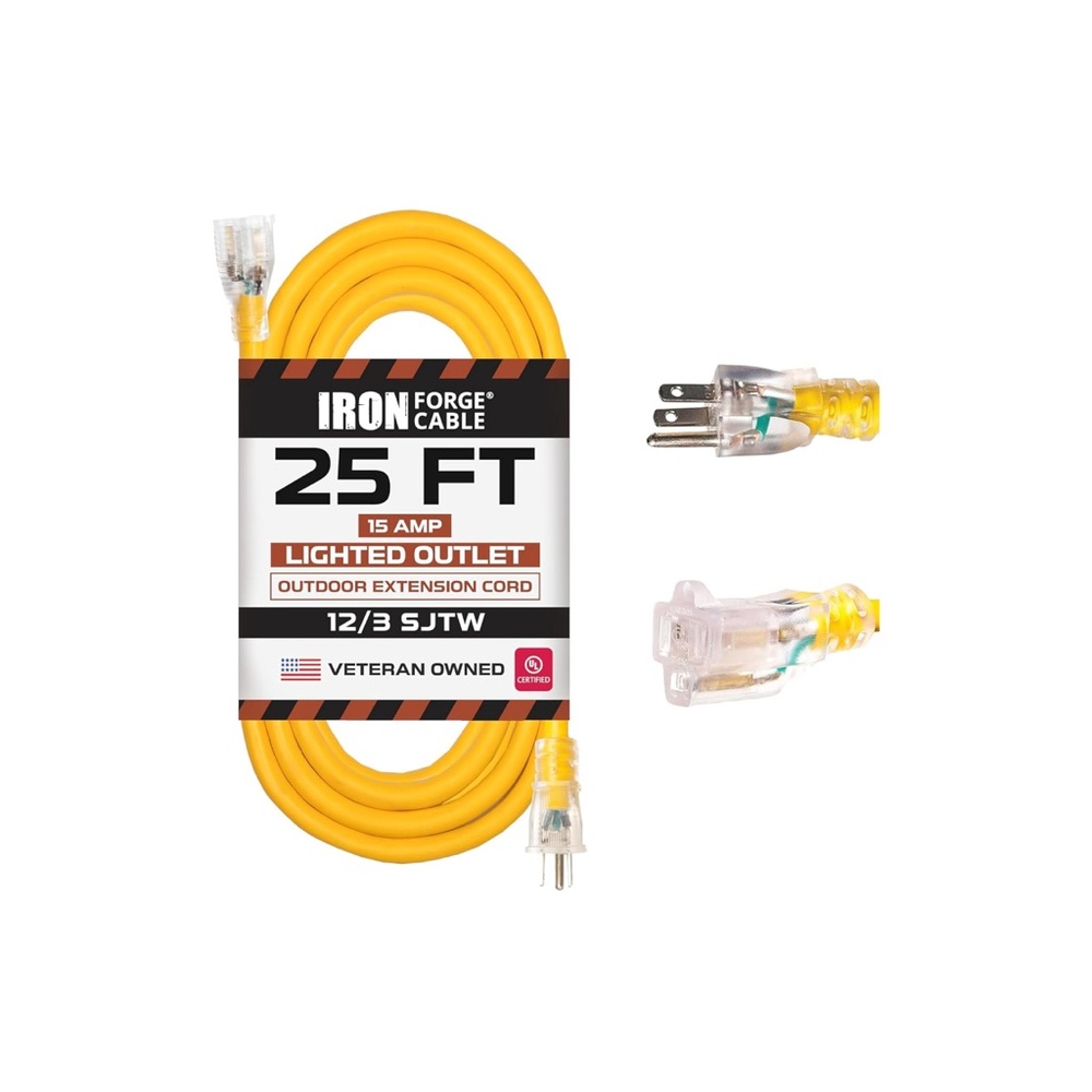 🆕IRON FORGE CABLE 25 ft Lighted Outdoor Extension Cord - 12/3 SJTW Heavy…